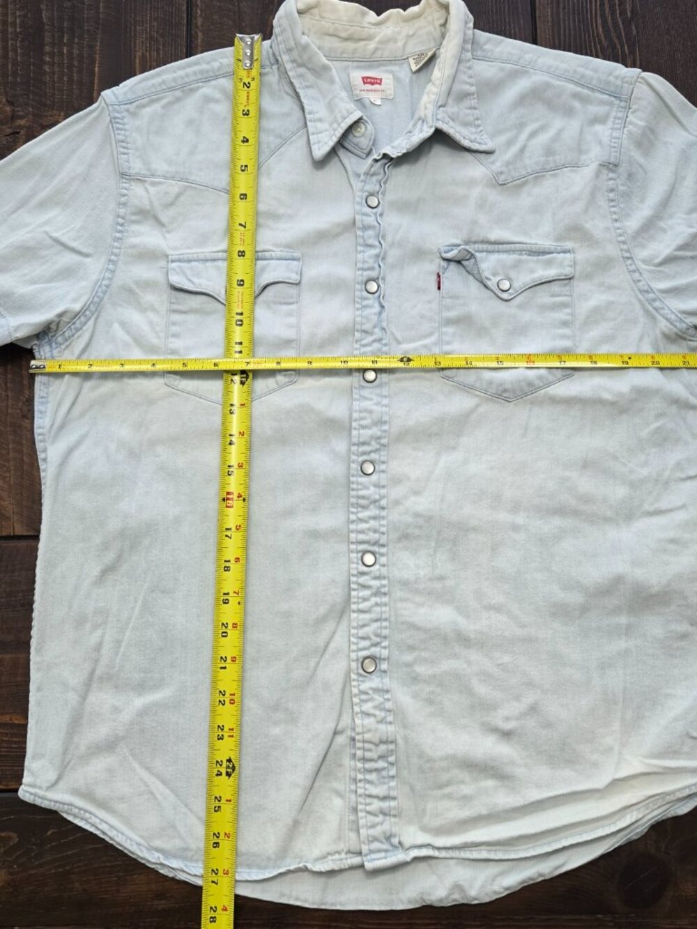 Levi's Short Sleeve Pearl Snap Western Denim Shirt Men's Sz L Light Wash Fade - Picture 9 of 11